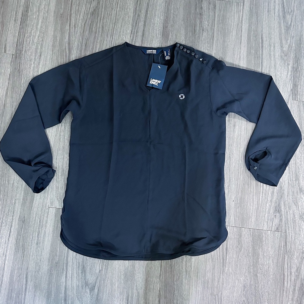 Chase Bank Lands End Navy Button Shoulder Long Sleeve Blouse